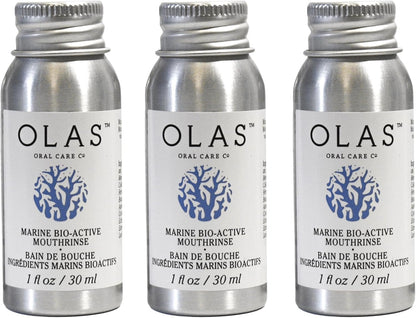Three identical silver aluminum bottles of OLAS Marine Bio-Active Mouthwash arranged side by side on a white background.