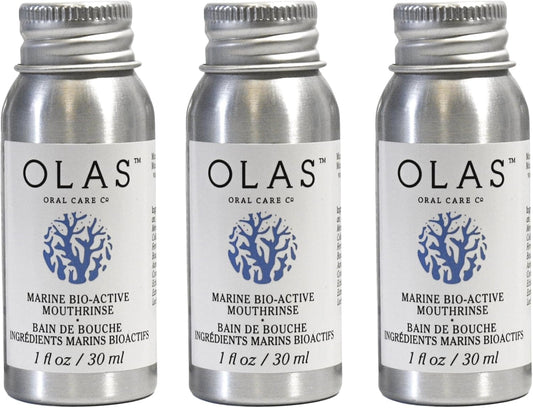 Three identical silver aluminum bottles of OLAS Marine Bio-Active Mouthwash arranged side by side on a white background.