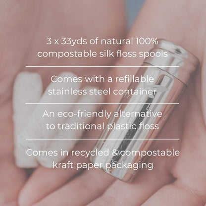 TreeBird Biodegradable Dental Floss | TRUE Shift Steel Dispenser & Pure Silk Floss