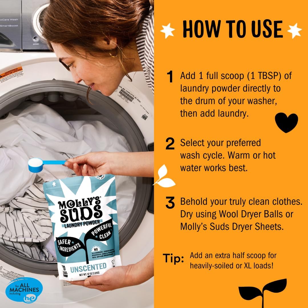 Molly’s Suds Original Laundry Detergent Powder, Chemical-Free Deep Clean for Sensitive Skin