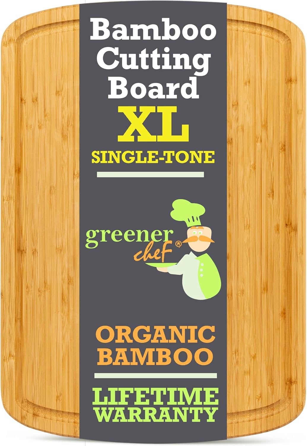 Bamboo cutting board with Greener Chef label on a gray background