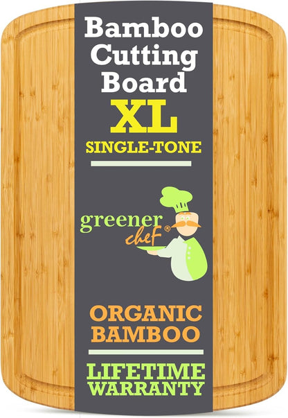 Bamboo cutting board with Greener Chef label on a gray background