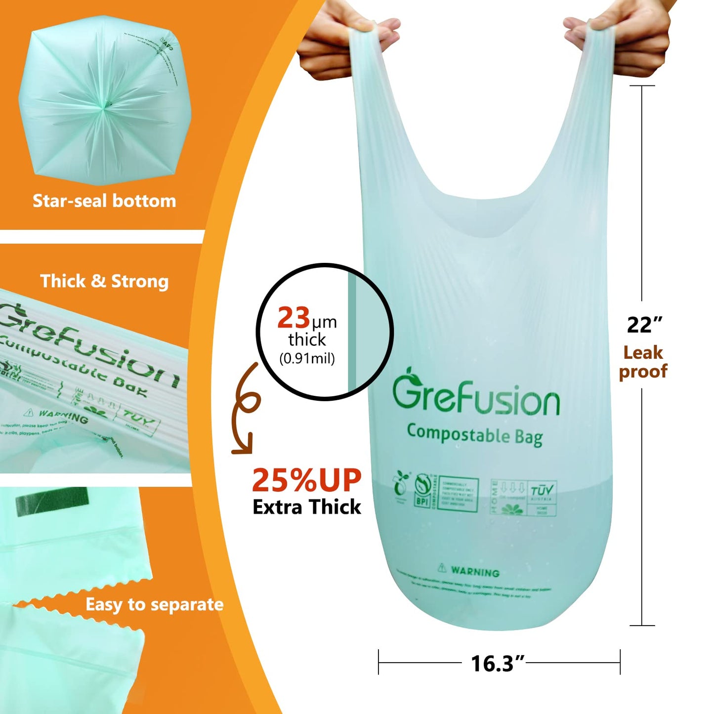 GreFusion 1.2 Gallon Compostable Bags - 125 Count (BPI Certified)