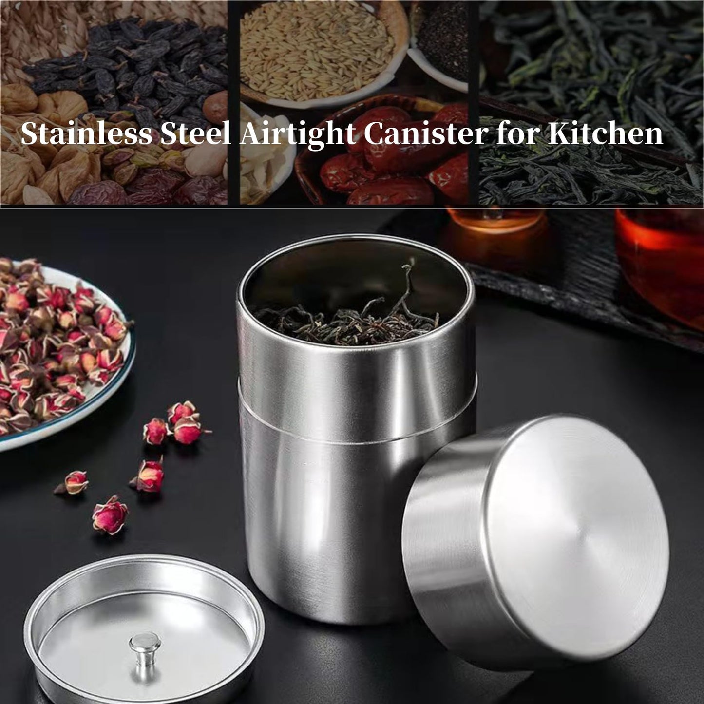 AUNMAS Tea Tin Canister: Stainless Steel Double-Lid Storage