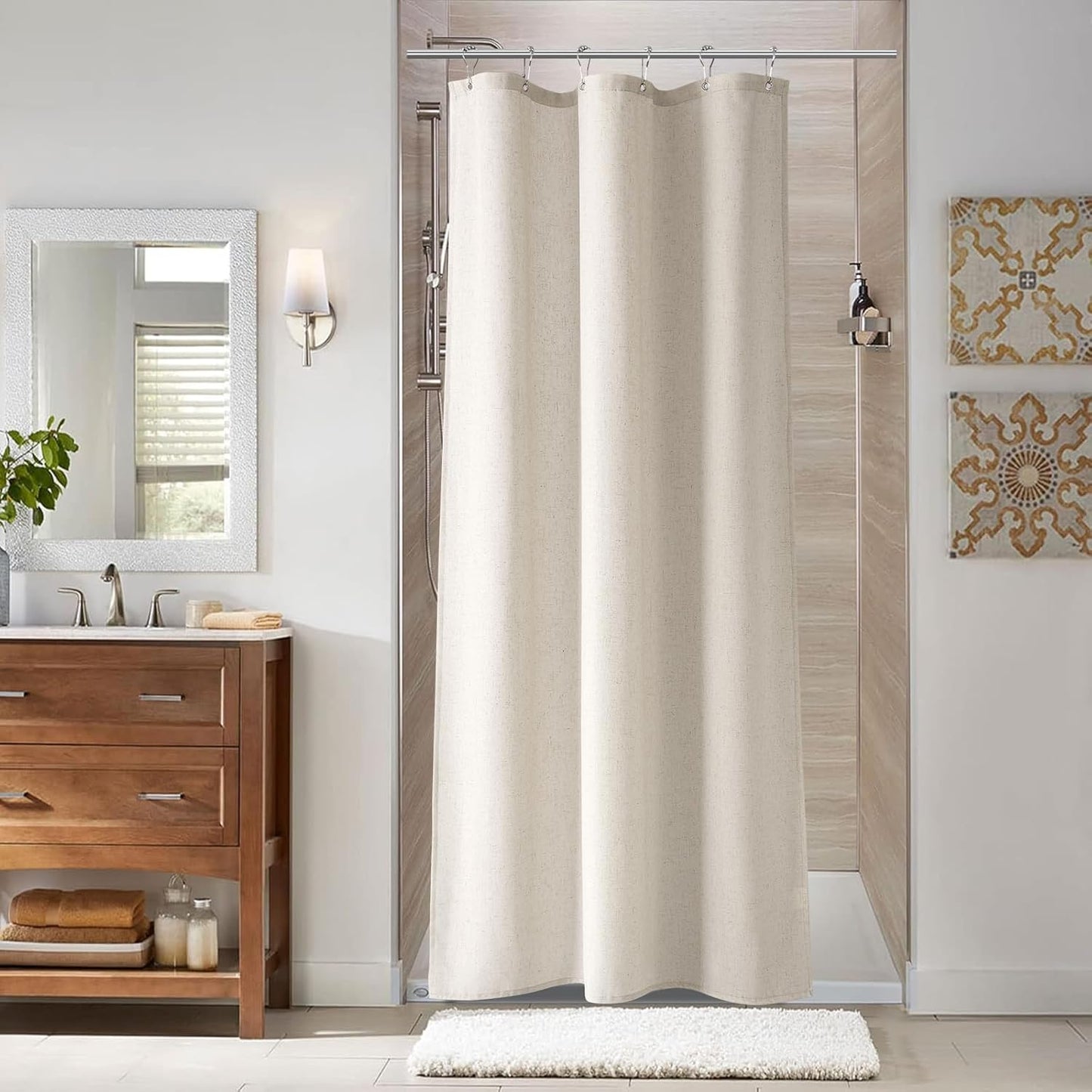 Naturoom Weighted Natural Flax Linen Shower Curtain Set