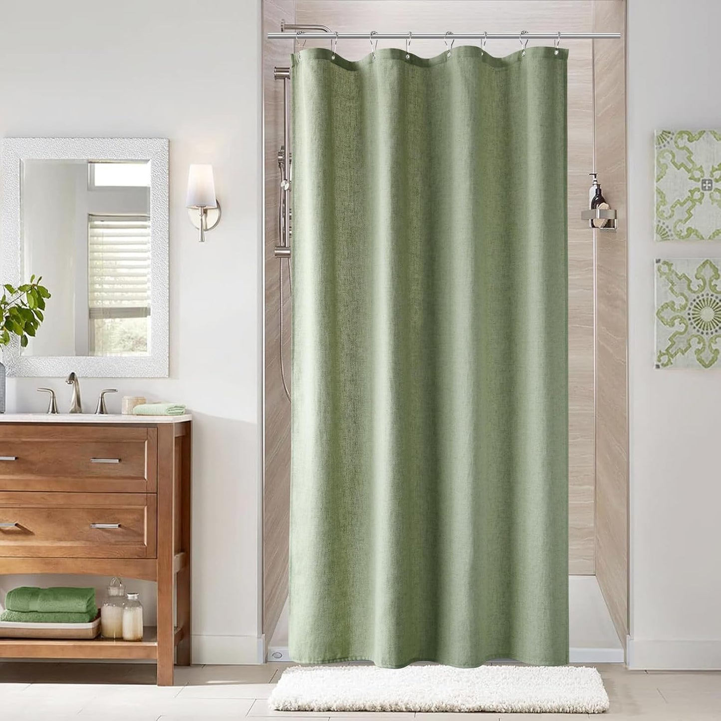 Naturoom Weighted Natural Flax Linen Shower Curtain Set