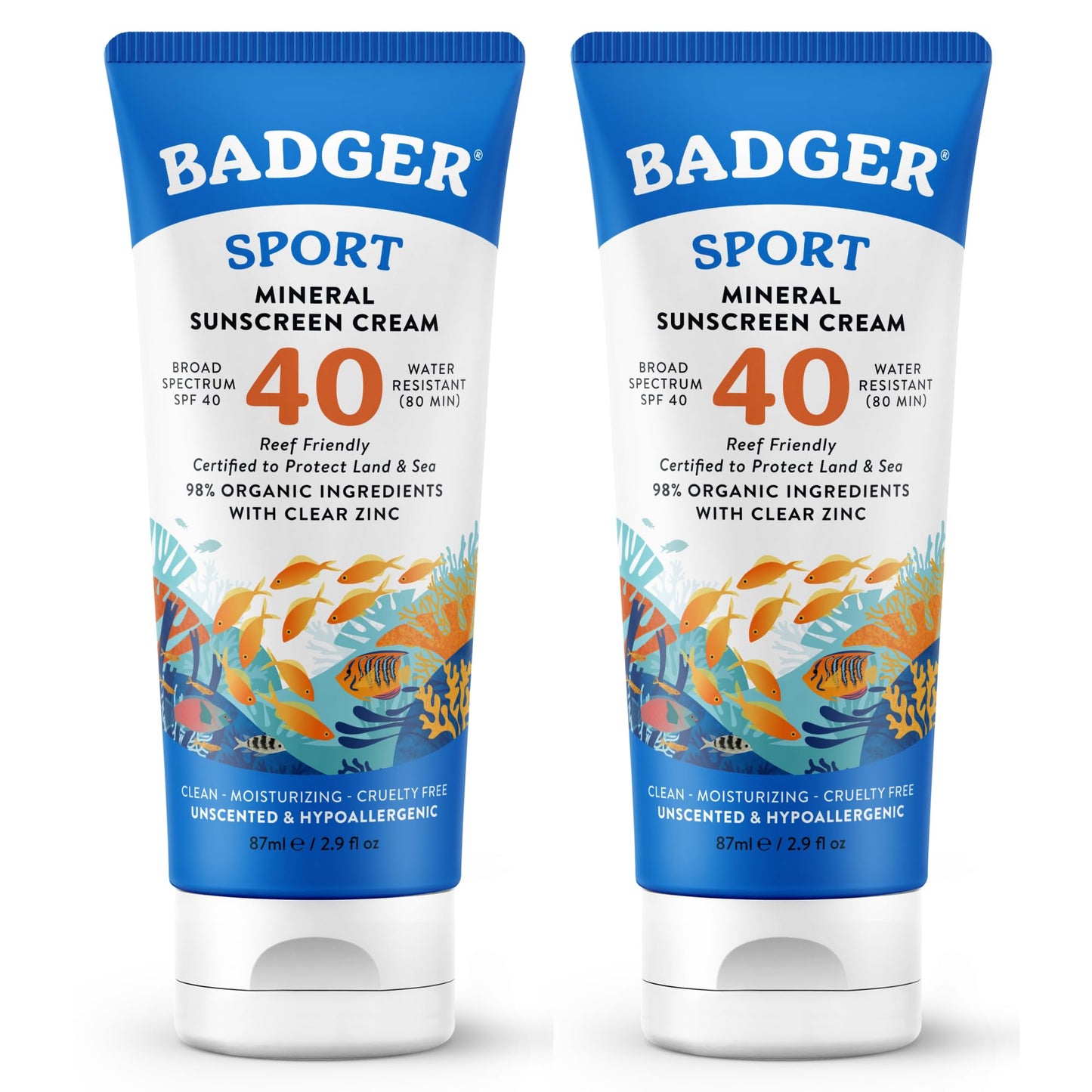 Badger Sport Mineral Sunscreen, Reef Safe, SPF 40, 98% Organic with Zinc Oxide, Water Resistant, Hawaii Reef Act 104 Compliant, Unscented & Hypoallergenic, For Sports & Adventures, 2.9 fl oz