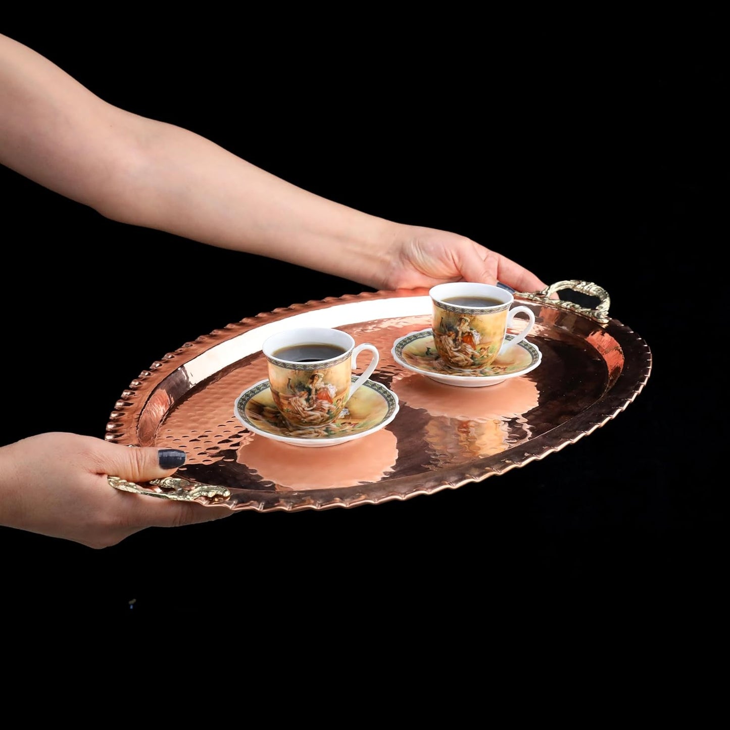 Hammered Pure Copper Tray: Handcrafted, Durable Metal, Zero-Plastic for Serving Beverages and Coffee