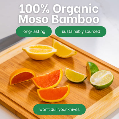 Wooden cutting board with sliced citrus fruits and promotional text about organic Moso Bamboo.