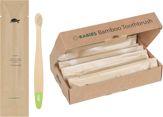 Bamboo toothbrush with packaging and box on a white background