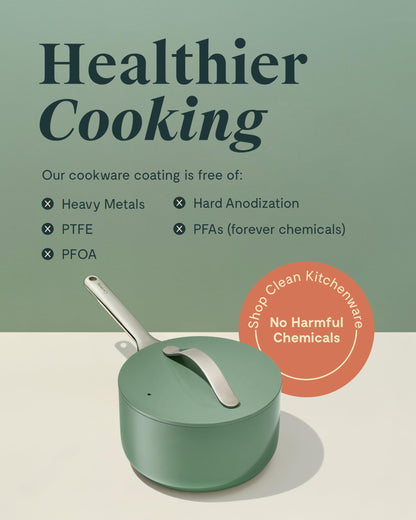 Green cookware set with text about healthier cooking and chemical-free properties on a green background.