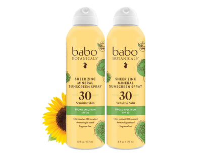 Non-Aerosol Mineral Zinc Sunscreen Spray SPF 30, Vegan & Fragrance-Free – Babo Botanicals in white background.