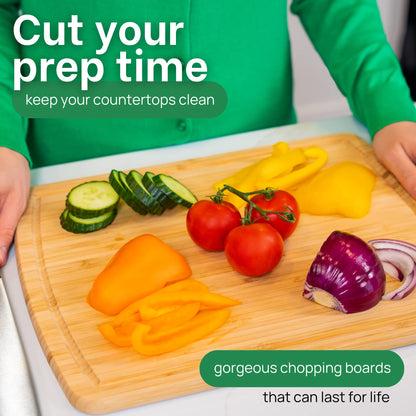 Wooden cutting board with sliced vegetables and text promoting chopping boards.
