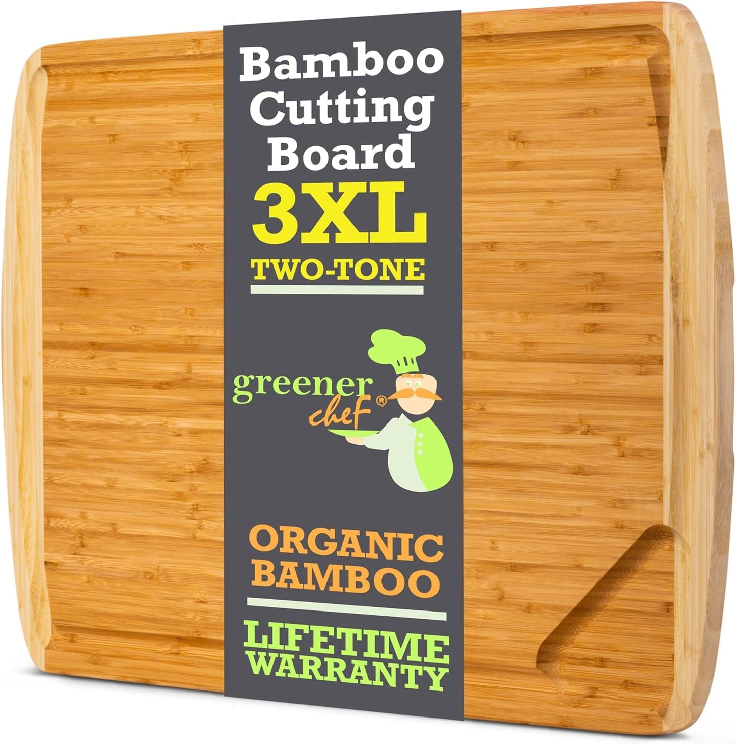 Bamboo cutting board with two-tone design and greener chef branding on a white background