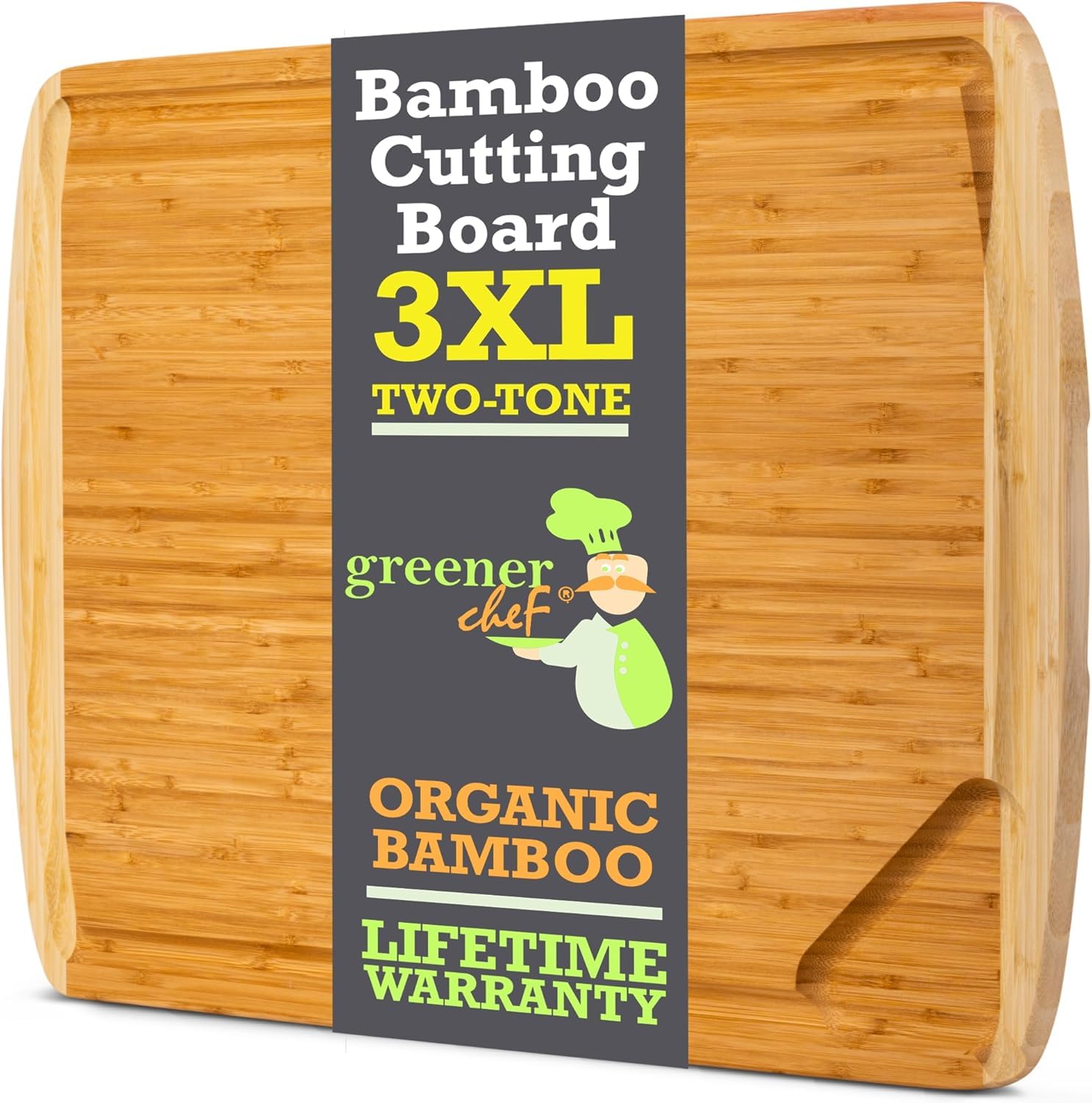 Bamboo cutting board with two-tone design and greener chef branding on a white background