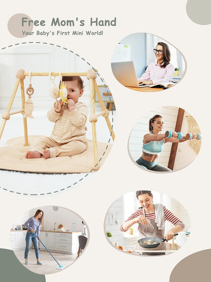 Wooden Baby Play Gym & Activity Mat: Soft Cotton Tummy Time Set