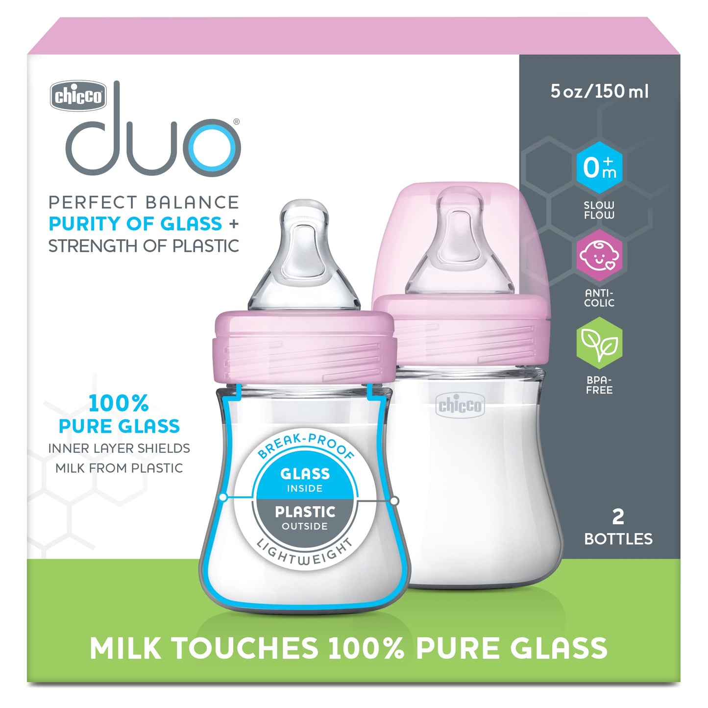 Chicco Duo 5oz Hybrid Baby Bottle with Invinci-Glass Interior (2-Pack)