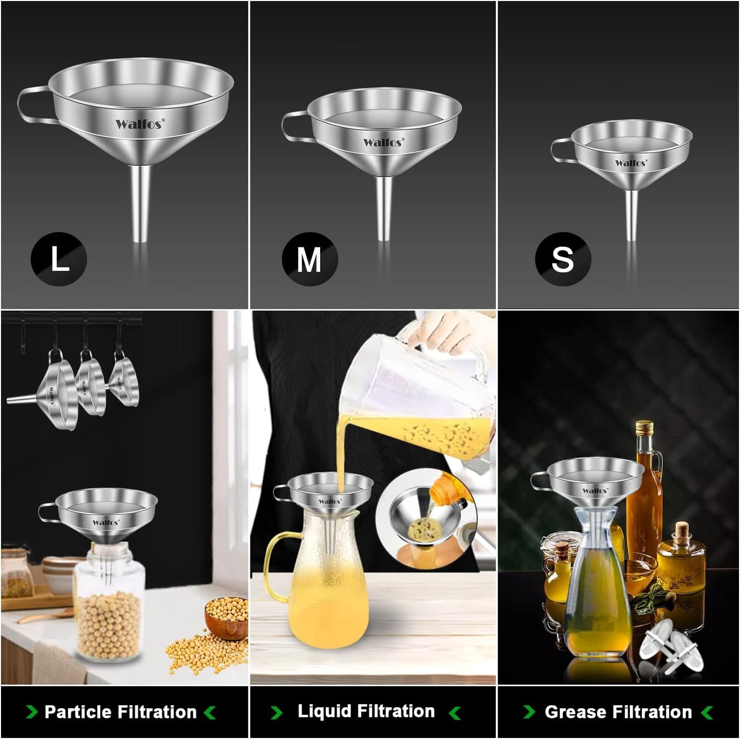 Walfos Stainless Steel Funnel Set: 3-Pack with Removable Strainers