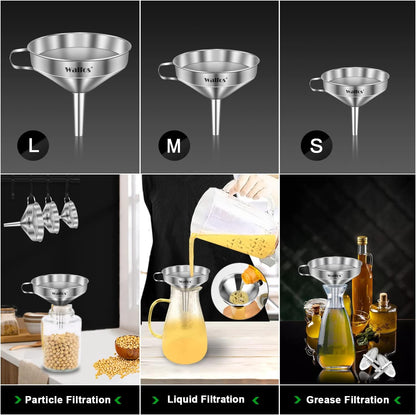 Walfos Stainless Steel Funnel Set: 3-Pack with Removable Strainers