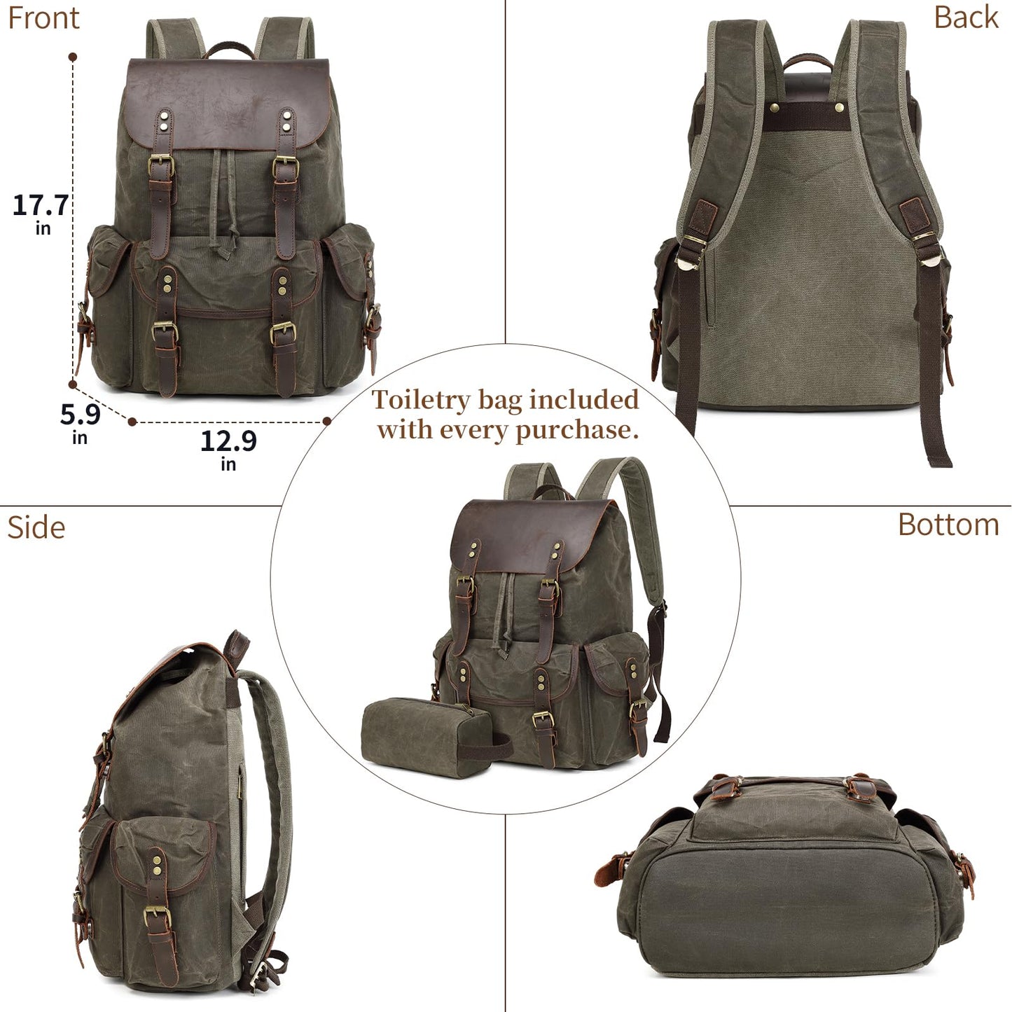 Wogarl Vintage Waxed Canvas & Genuine Crazy Horse Leather Backpack