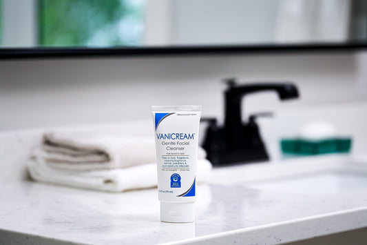 Vanicream tube on a bathroom counter with a blurred background