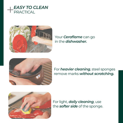 Ceraflame cleaning instructions with images of dishwashing and sponge use.