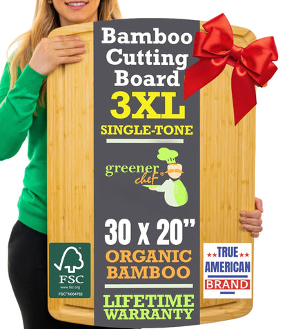 Bamboo cutting board with a red bow held by a person, featuring product details on a black background.