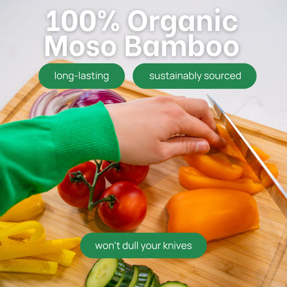 Person cutting vegetables on a wooden board with text about organic bamboo products.