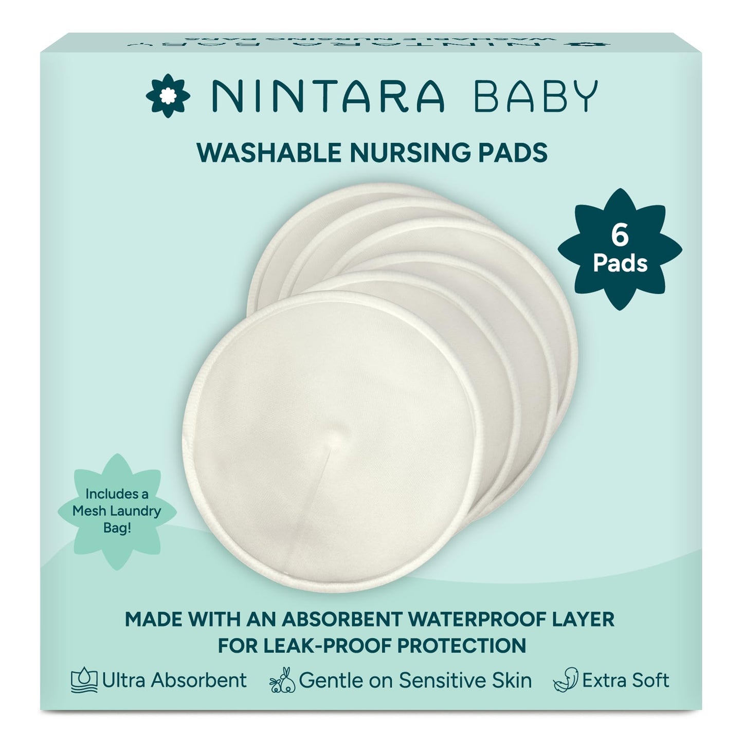 Nintara Baby 6-Pack Organic Bamboo Cotton Reusable Nursing Pads