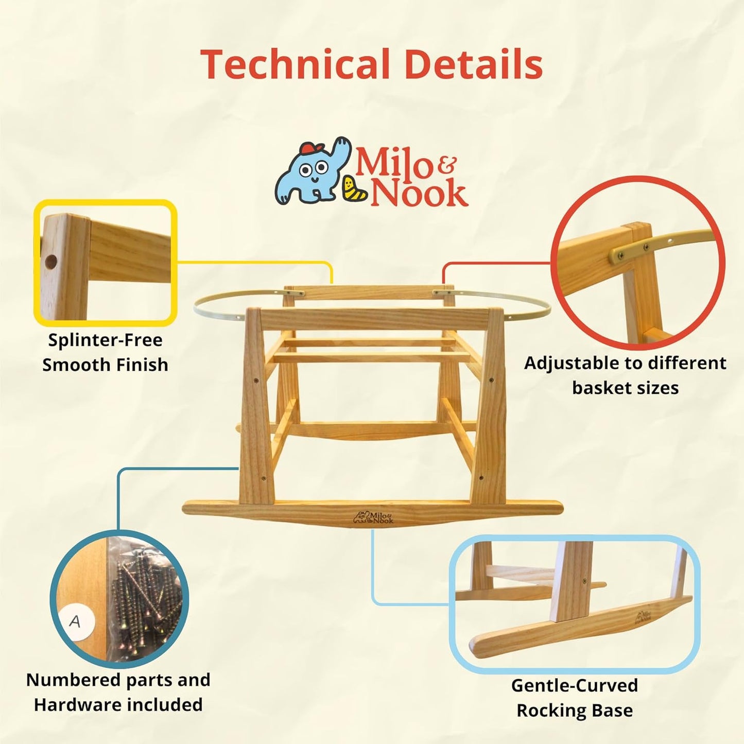 Milo & Nook Baby Moses Basket Stand: Solid Pine Wood Structure