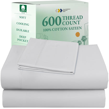 California Design Den 100% Cotton Sateen Sheets: 600 TC Luxury Set