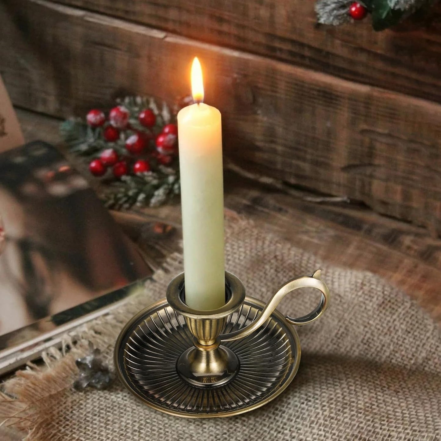 Vintage Chamberstick Holder: Durable Metal Candlestick with Handle, Zero-Plastic Home Décor