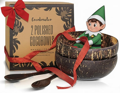 COCOBOWLCO Jumbo Polished Coconut Bowl Set with Wooden Spoons