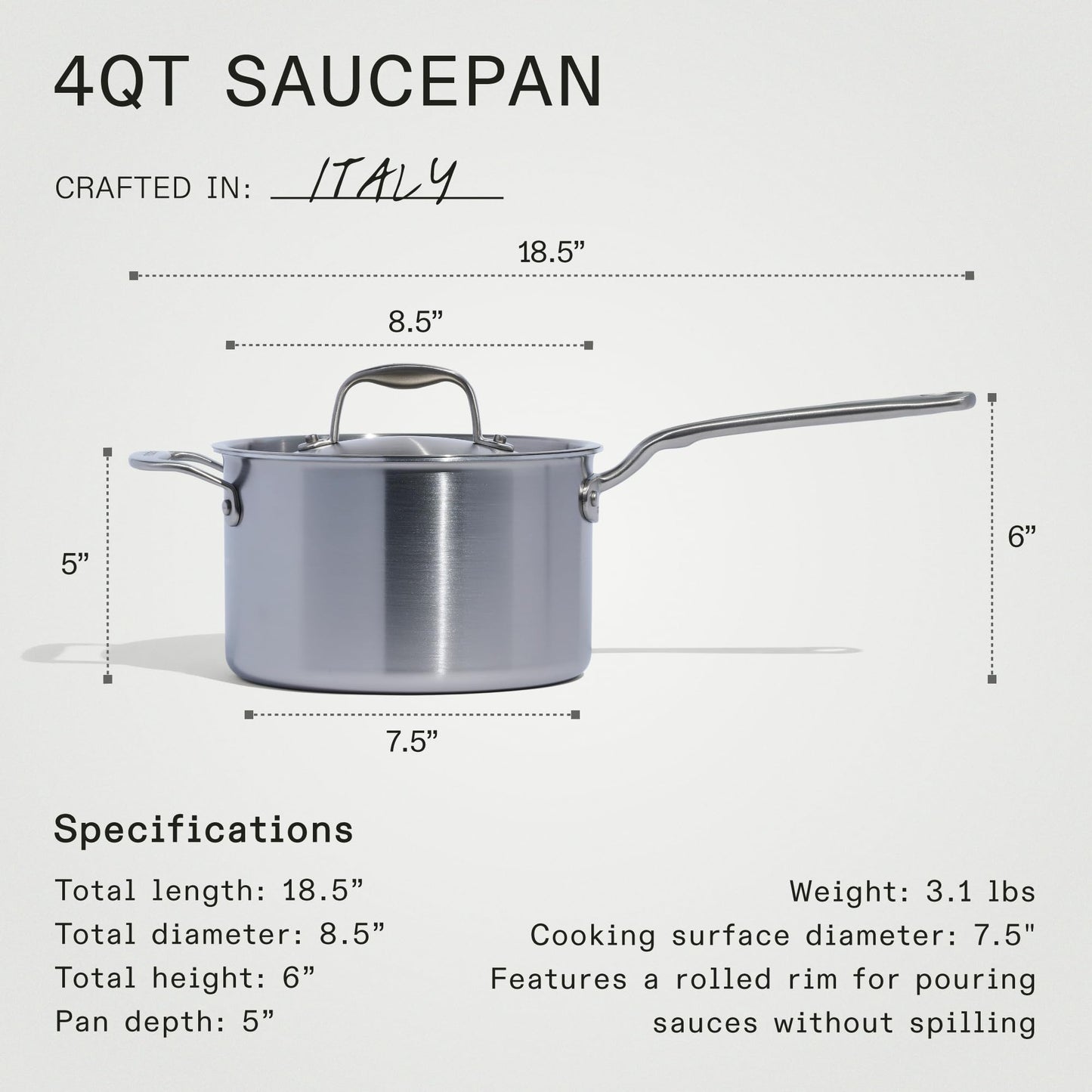 Made In 4 Quart Stainless Clad Saucepan: Professional 5-Ply Construction, Made in Italy for a Lifetime of Plastic-Free Cooking