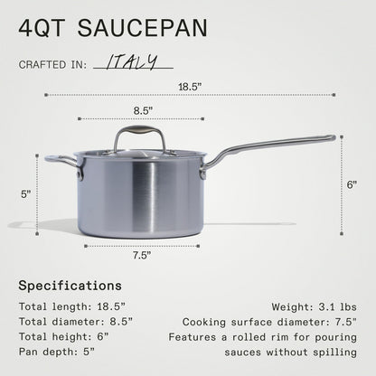 Made In 4 Quart Stainless Clad Saucepan: Professional 5-Ply Construction, Made in Italy for a Lifetime of Plastic-Free Cooking