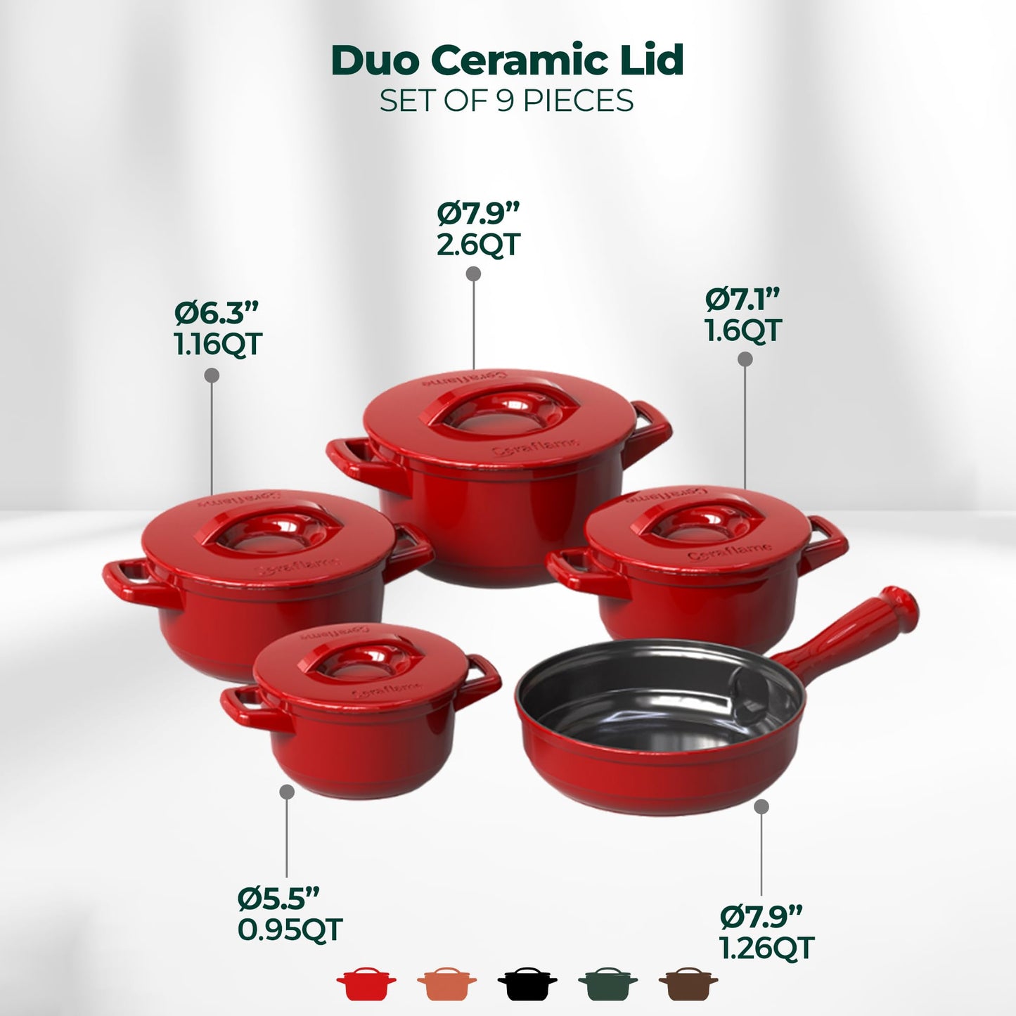 Set of red ceramic lids with measurements on a white background