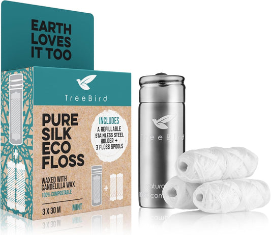 TreeBird Biodegradable Dental Floss | TRUE Shift Steel Dispenser & Pure Silk Floss