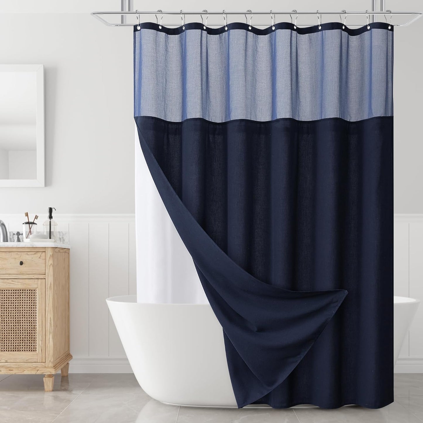 Naturoom Weighted Natural Flax Linen Shower Curtain Set