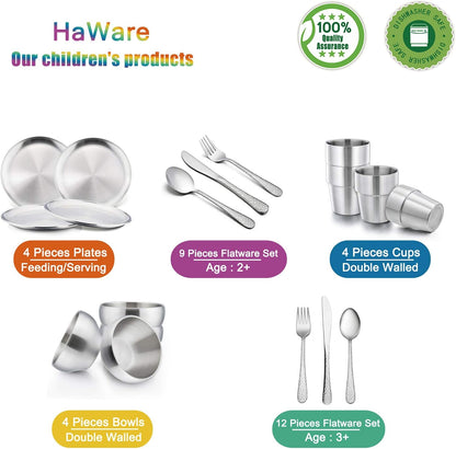 HaWare 18/8 Stainless Steel Unbreakable Toddler Plates (4-Pack)