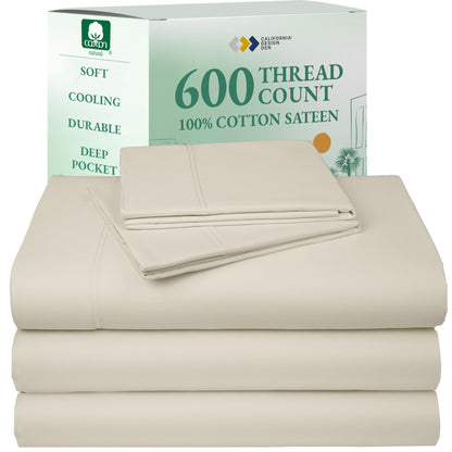California Design Den 100% Cotton Sateen Sheets: 600 TC Luxury Set