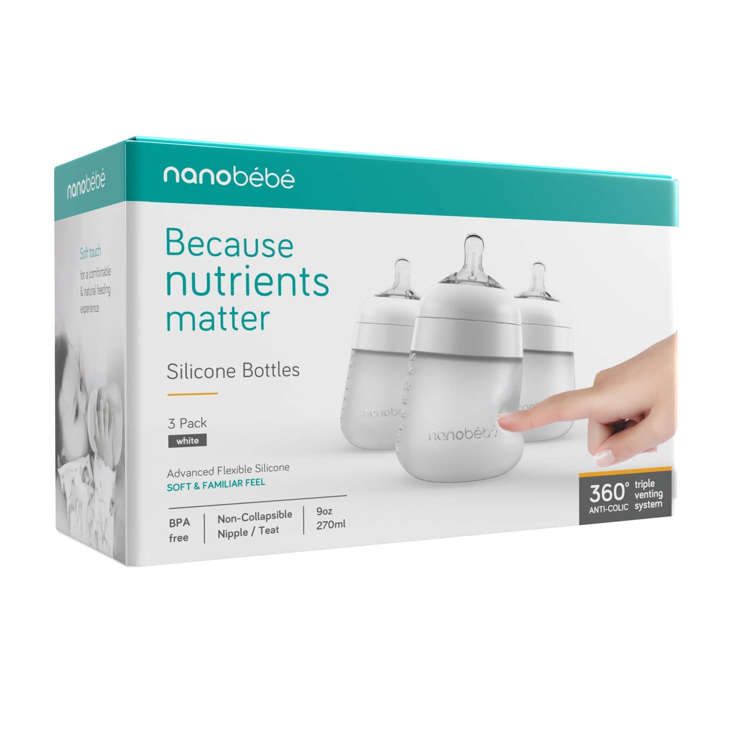 Nanobebe Flexy 9oz Silicone Baby Bottles with Anti-Colic Venting (3-Pack)
