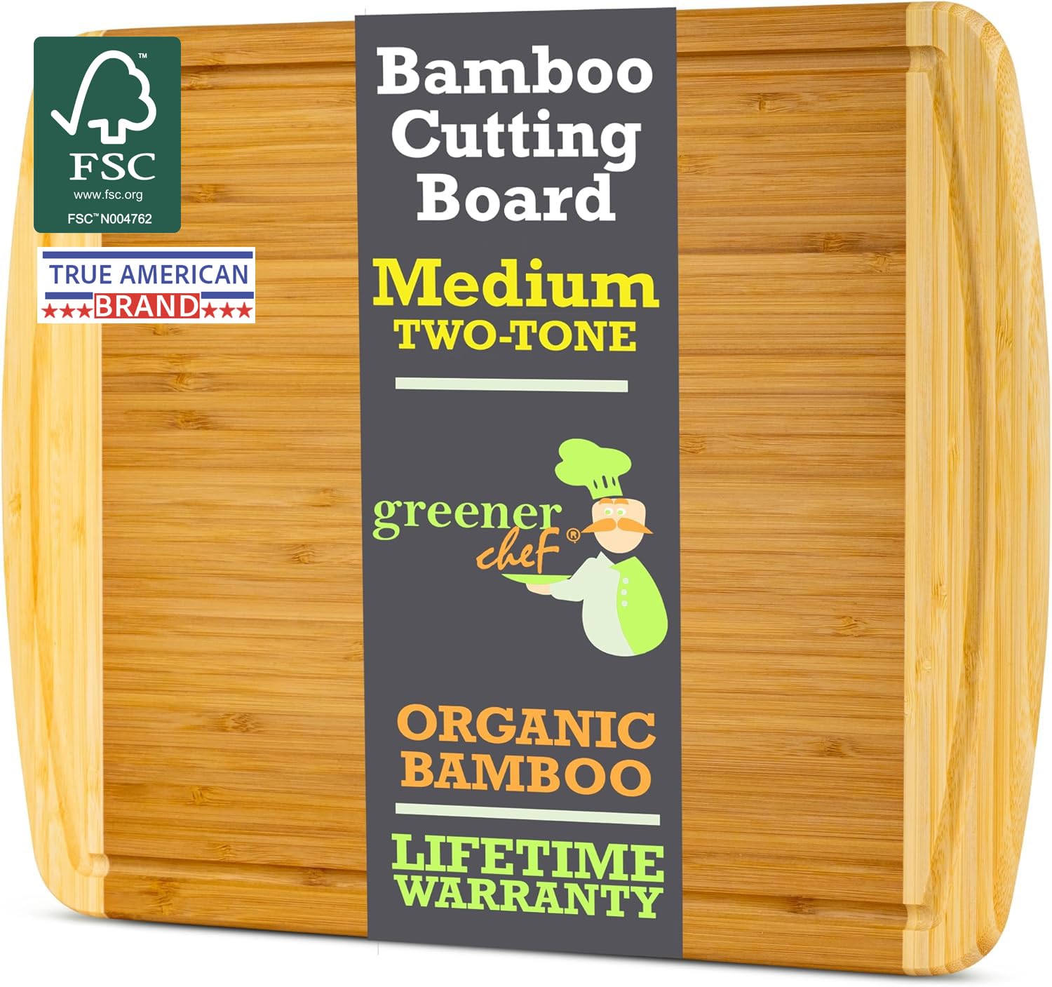 Bamboo cutting board with Greener Chef branding and FSC certification on a white background
