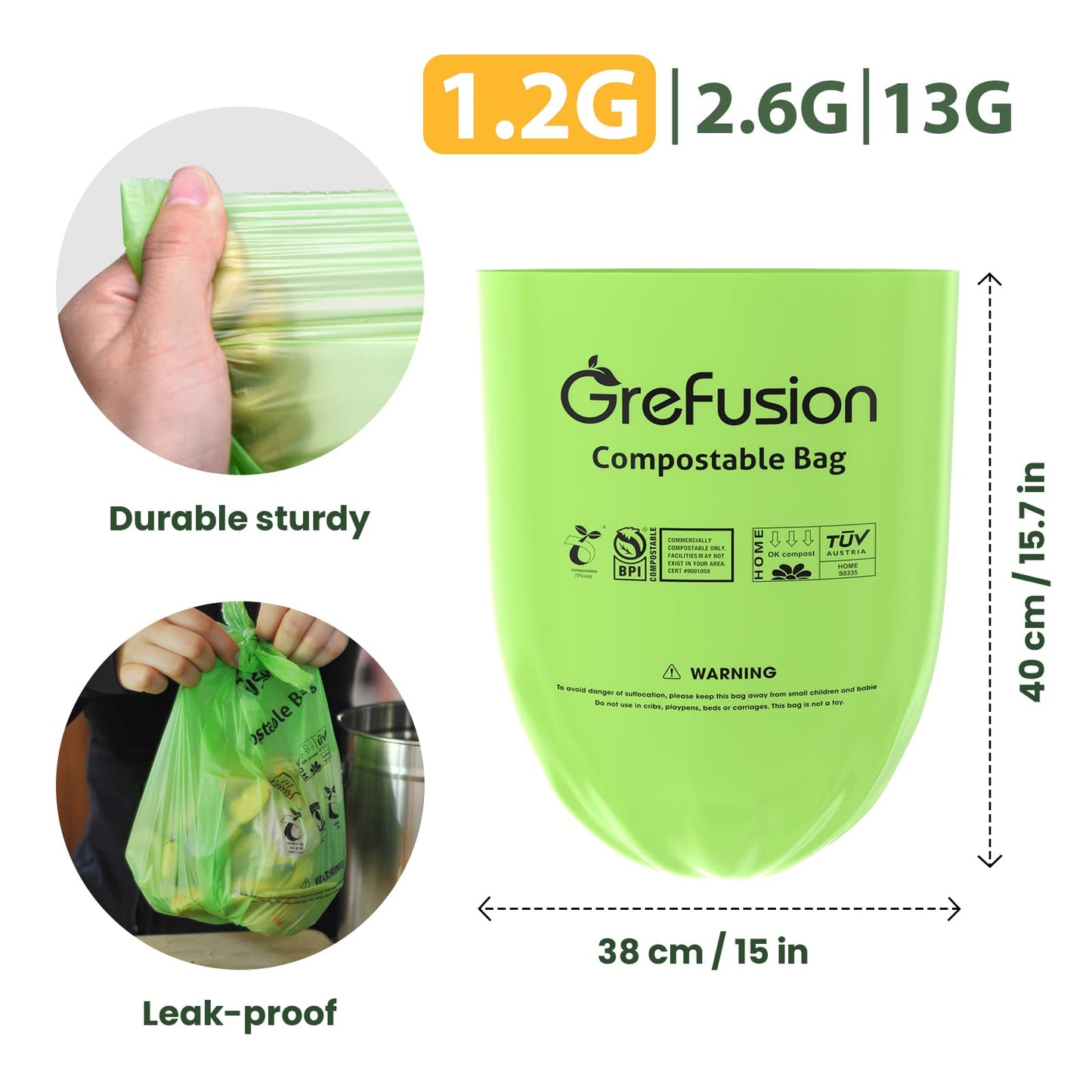 GreFusion 1.2 Gallon Compostable Bags - 125 Count (BPI Certified)