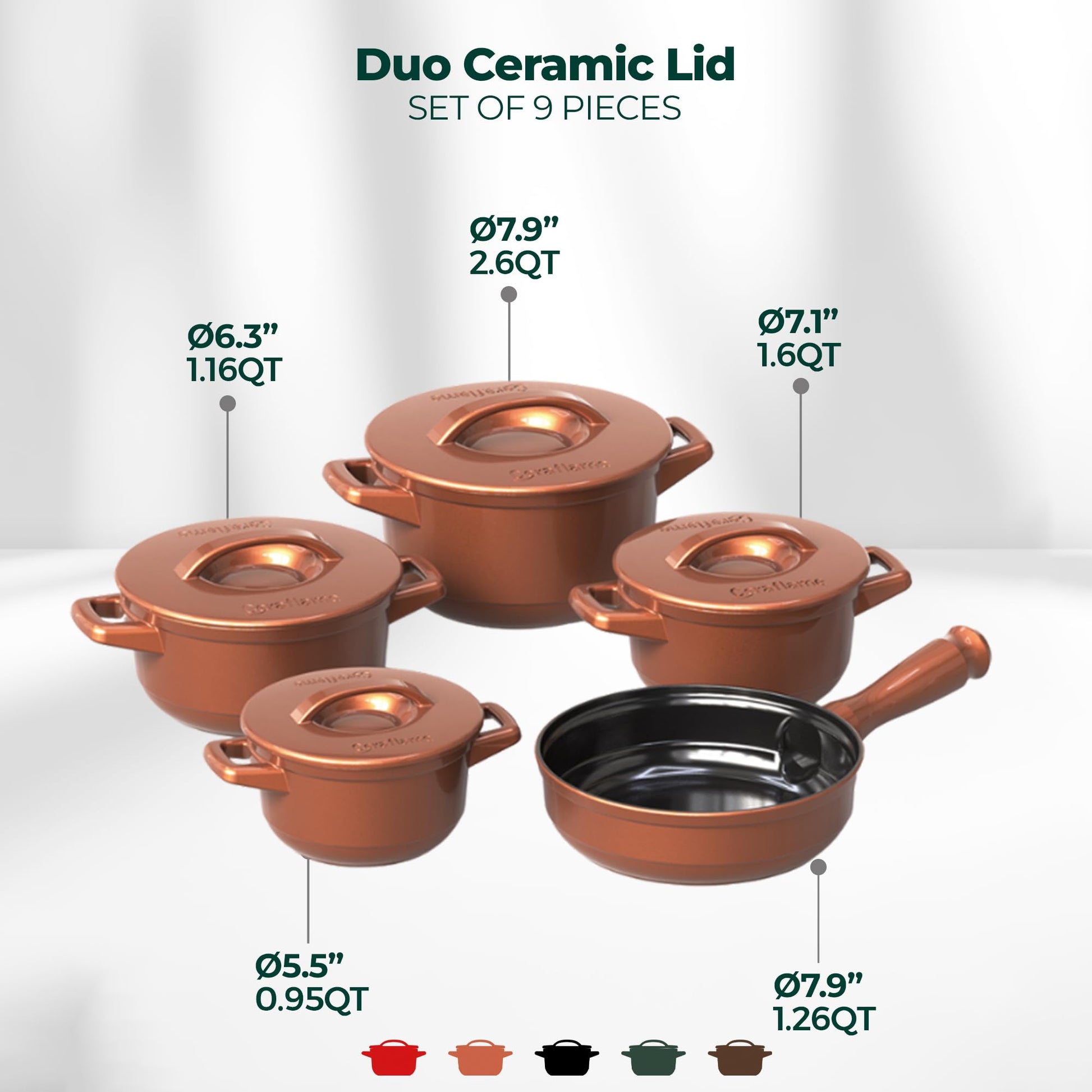 Set of 9 ceramic lids with measurements and color options on a white background