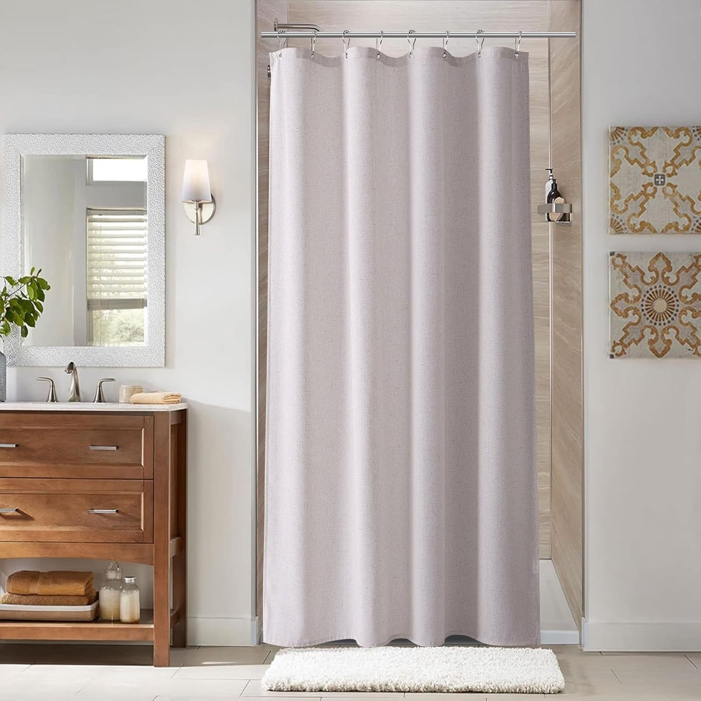 Naturoom Weighted Natural Flax Linen Shower Curtain Set