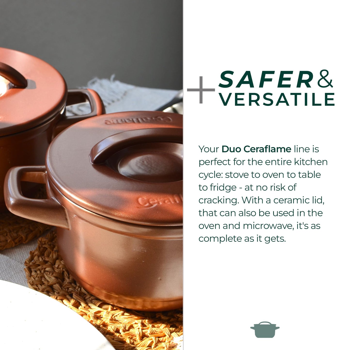 Ceramic cookware with a lid on a textured surface, featuring text about safety and versatility.