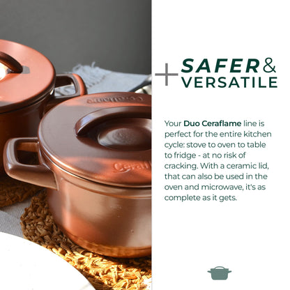 Ceramic cookware with a lid on a textured surface, featuring text about safety and versatility.
