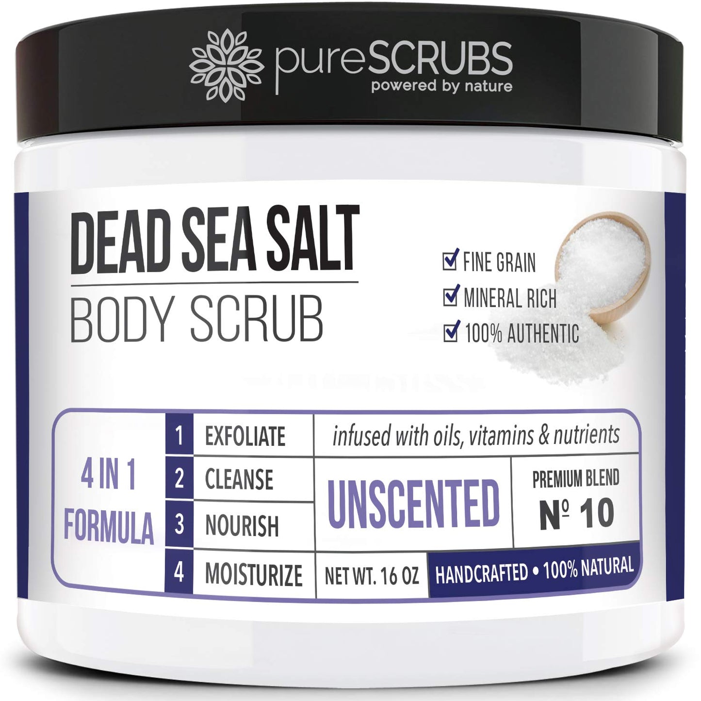Container of pureSCRUBS Dead Sea Salt Body Scrub with label details.