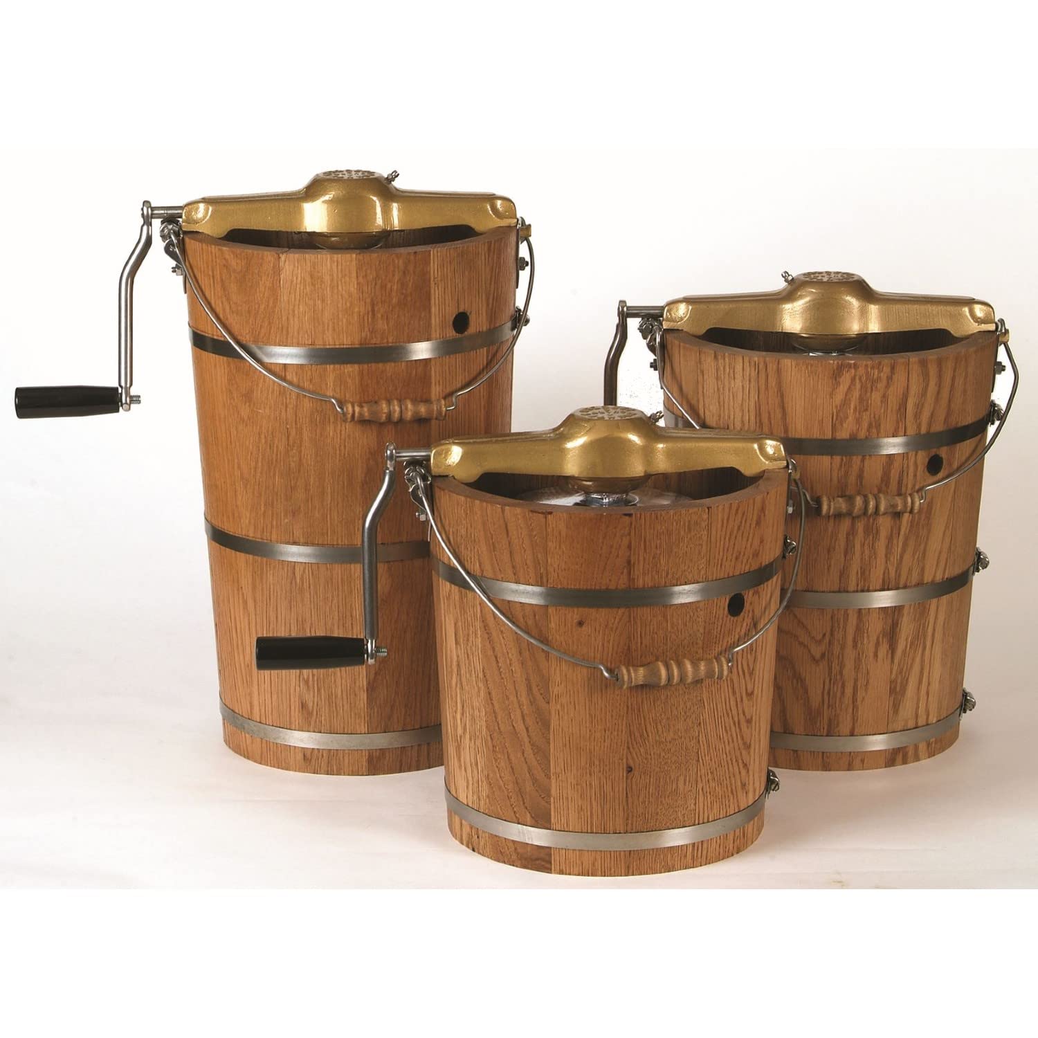 Three Lehman's Manual Hand-Crank Ice Cream Maker (4 Quart) with metal handles on a white background