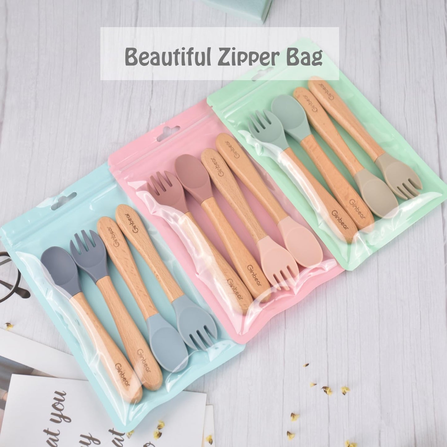 Ginbear 100% Plastic-Free Silicone & Natural Wood Toddler Flatware